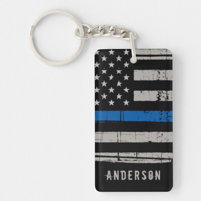 Personalized Thin Blue Line Police Keychain (Front)