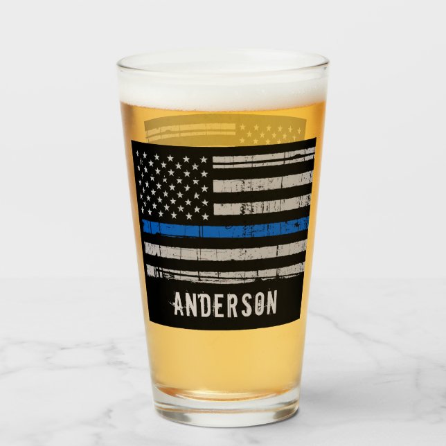 Personalized Thin Blue Line Police Officer Beer Glass (Front Filled)