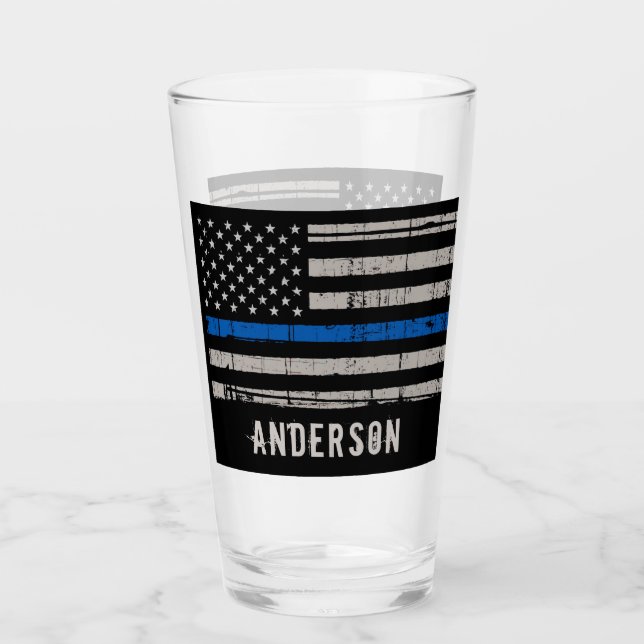 Personalized Thin Blue Line Police Officer Beer Glass (Front)