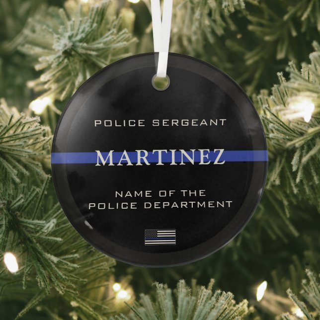 Personalized Thin Blue Line Police Officer Cop Glass Ornament (Insitu)