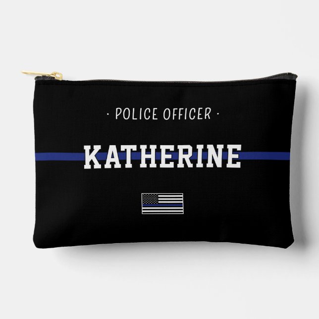 Personalized Thin Blue Line Police Officer Flag Accessory Pouch (Front)
