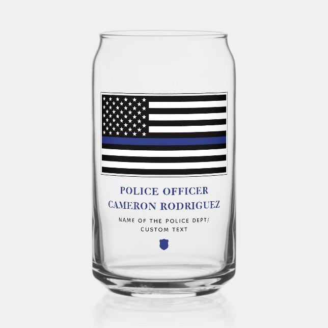 Personalized Thin Blue Line Police Officer Flag Can Glass (Front)