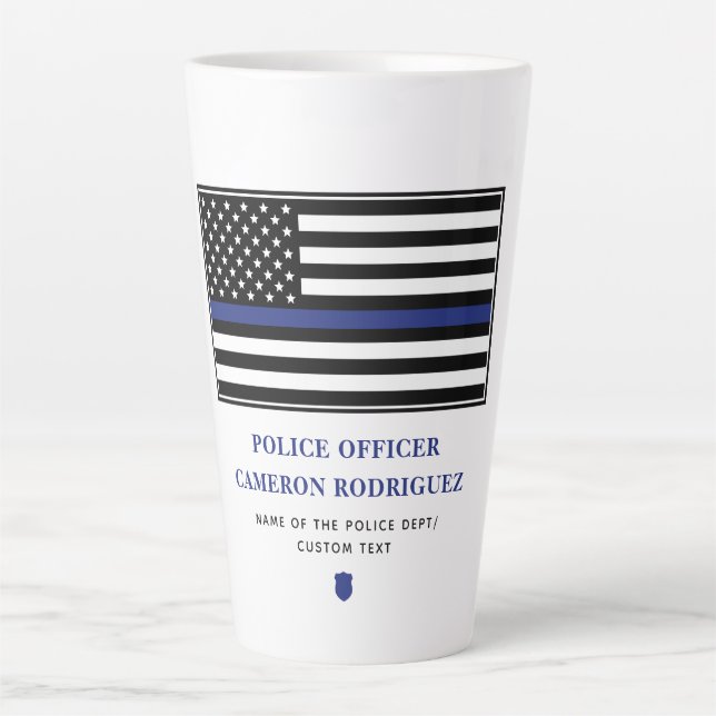 Personalized Thin Blue Line Police Officer Flag Latte Mug (Front)