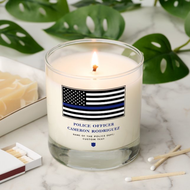 Personalized Thin Blue Line Police Officer Flag Scented Candle (Lit)