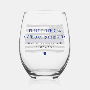 Personalized Thin Blue Line Police Officer Flag Stemless Wine Glass