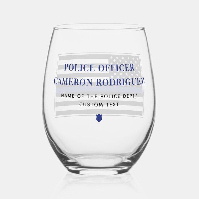 Personalized Thin Blue Line Police Officer Flag Stemless Wine Glass (Back)