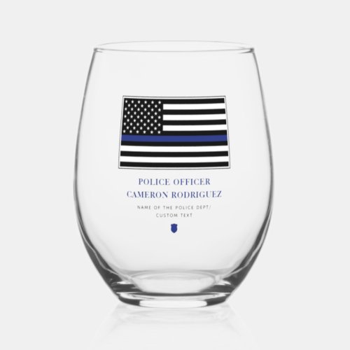 Personalized Thin Blue Line Police Officer Flag Stemless Wine Glass