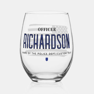 Personalized Thin Blue Line Police Officer Flag Stemless Wine Glass