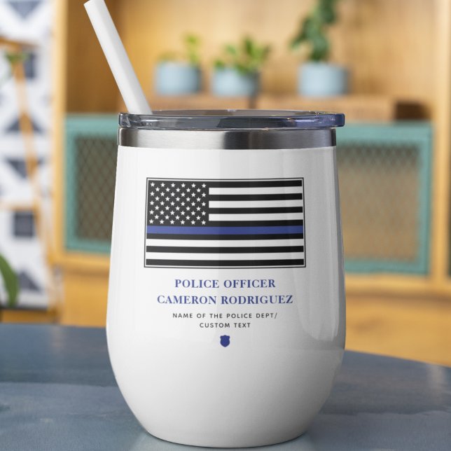 Personalized Thin Blue Line Police Officer Flag Thermal Wine Tumbler (Creator Uploaded)