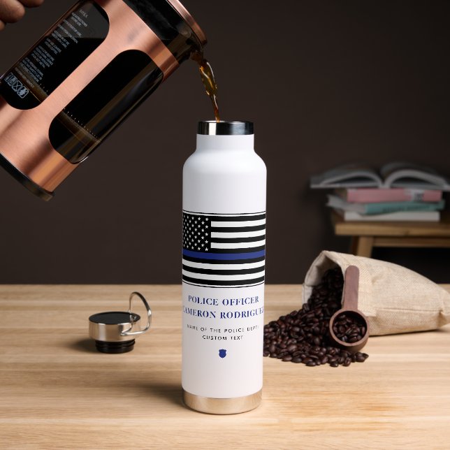 Personalized Thin Blue Line Police Officer Flag Water Bottle (Coffee)