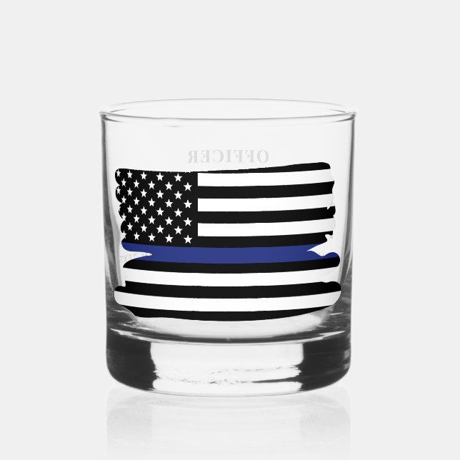 Personalized Thin Blue Line Police Officer Flag Whiskey Glass (Front)