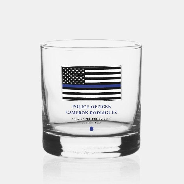 Personalized Thin Blue Line Police Officer Flag Whiskey Glass (Front)