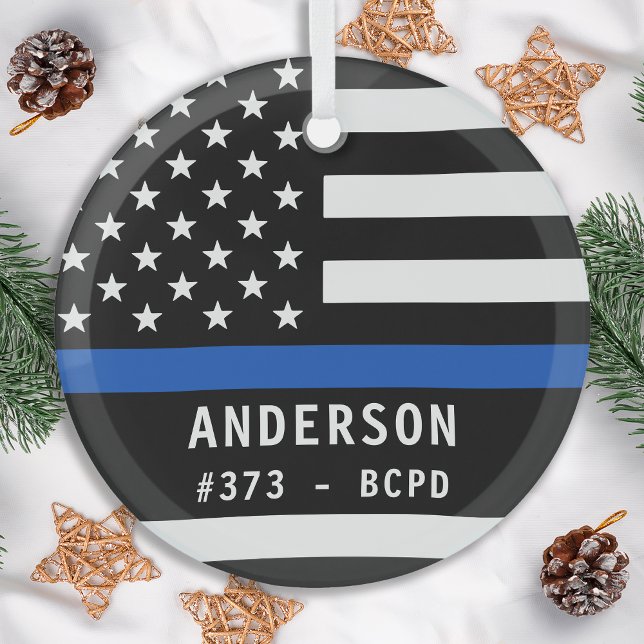 Personalized Thin Blue Line Police Officer Glass Ornament (Creator Uploaded)
