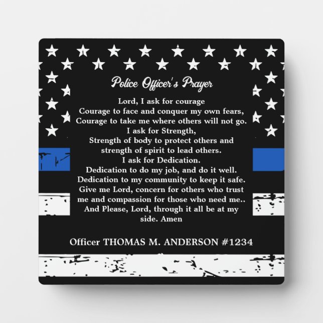 Personalized Thin Blue Line Police Officer Prayer Plaque (Front)