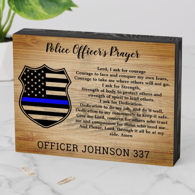 Personalized Thin Blue Line Police Officer Prayer Wooden Box Sign (In Situ Horizontal)