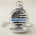 Personalized Thin Blue Line Police Retirement Pocket Watch<br><div class="desc">Celebrate and show your appreciation to an outstanding Police Officer with this Thin Blue Line Thank You Police Retirement Pocket Watch - American flag design in Police Flag colors, distressed design . Perfect for service awards, police anniversary gifts, and Police Retirement gifts . Personalize this police watch with name and...</div>