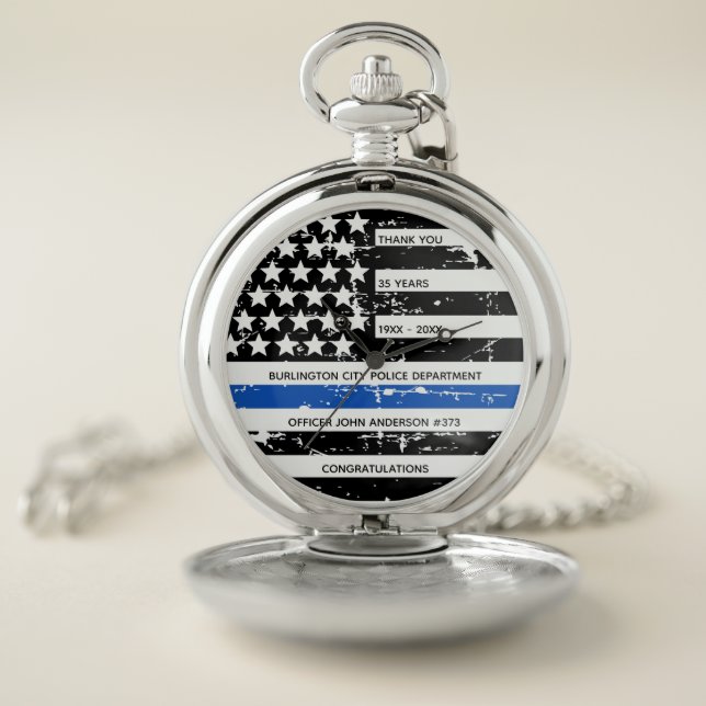 Personalized Thin Blue Line Police Retirement Pocket Watch (Inside)