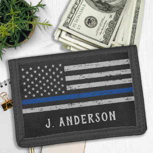 Personalized Thin Blue Line Police Tri-fold Wallet