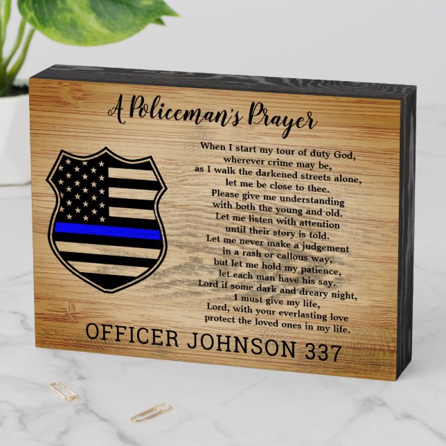 Personalized Thin Blue Line Policeman's Prayer Wooden Box Sign (In Situ Horizontal)