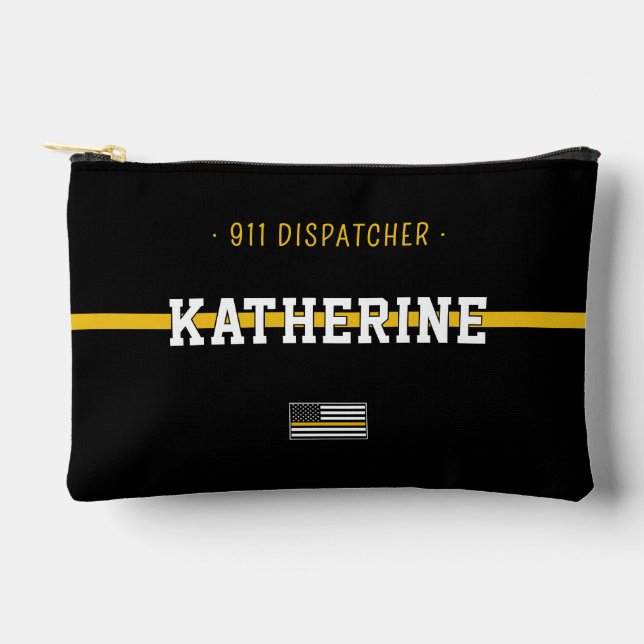 Personalized Thin Gold Line Flag 911 Dispatcher Accessory Pouch (Front)
