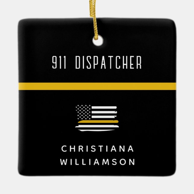 Personalized Thin Gold Line Flag 911 Dispatcher  Ceramic Ornament (Front)