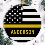Personalized Thin Gold Line Flag 911 Dispatcher Ceramic Ornament<br><div class="desc">Thin Gold Line Ornament for 911 dispatchers and police dispatchers. Personalize this dispatcher ornament with name and year. This personalized dispatcher gift is perfect for police dispatcher appreciation, 911 dispatcher thank you gifts, and dispatcher retirement gifts or party favors. Order these dispatchers christmas ornaments bulk wholesale for the police department...</div>