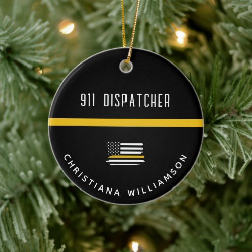 Personalized Thin Gold Line Flag 911 Dispatcher  Ceramic Ornament