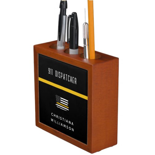 Personalized Thin Gold Line Flag 911 Dispatcher  Desk Organizer