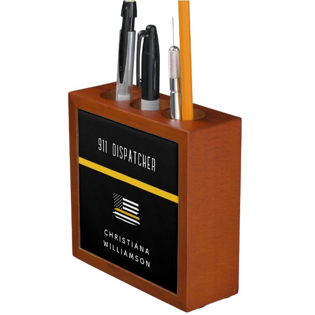 Personalized Thin Gold Line Flag 911 Dispatcher  Desk Organizer (In Situ)