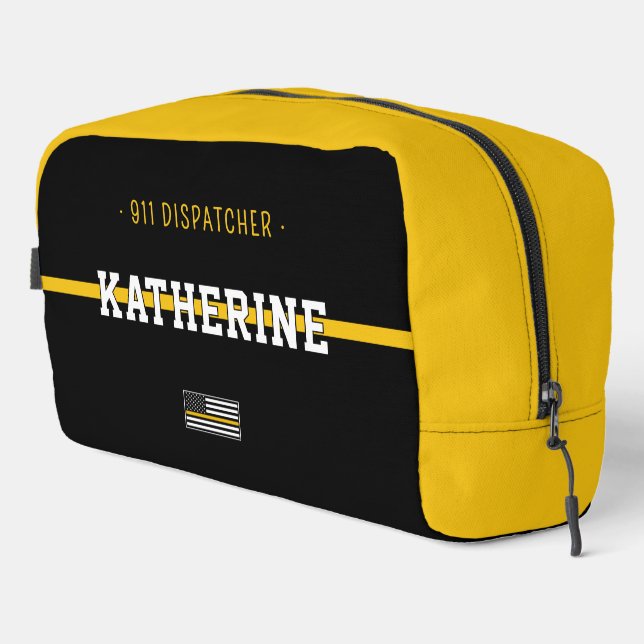 Personalized Thin Gold Line Flag 911 Dispatcher Dopp Kit (Right Corner)