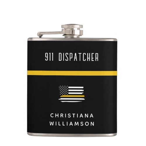 Personalized Thin Gold Line Flag 911 Dispatcher  Flask