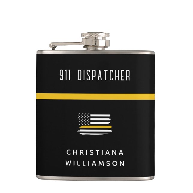 Personalized Thin Gold Line Flag 911 Dispatcher  Flask (Front)