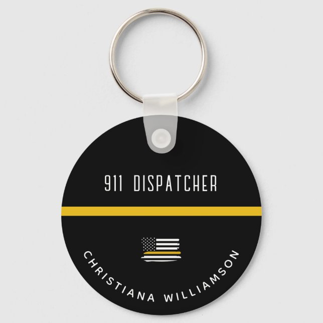 Personalized Thin Gold Line Flag 911 Dispatcher  Keychain (Front)