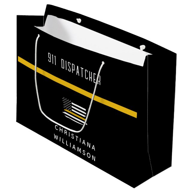 Personalized Thin Gold Line Flag 911 Dispatcher  Large Gift Bag (Front Angled)