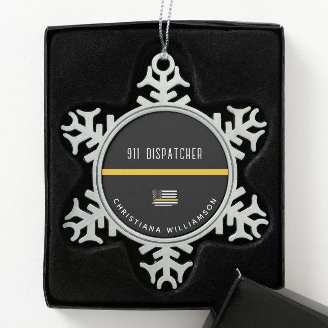 Personalized Thin Gold Line Flag 911 Dispatcher  Snowflake Pewter Christmas Ornament (Box)