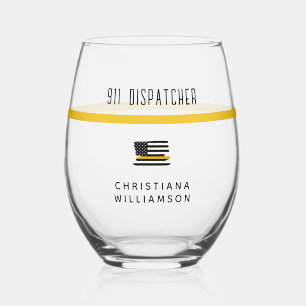 Personalized Thin Gold Line Flag 911 Dispatcher Stemless Wine Glass
