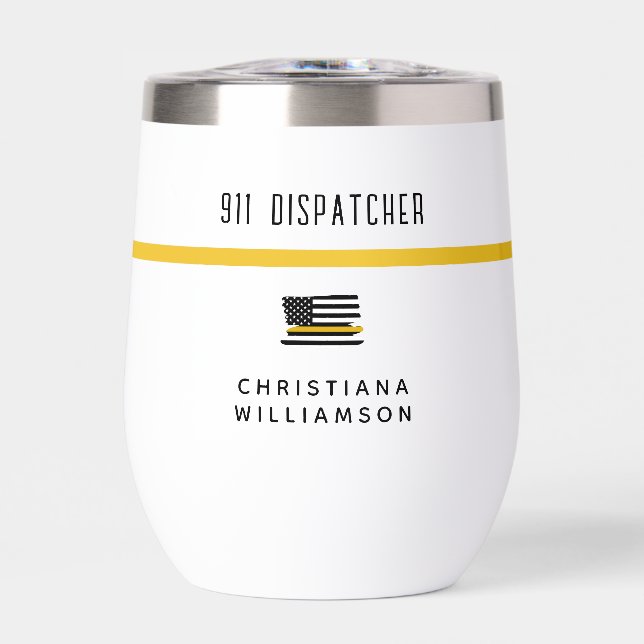 Personalized Thin Gold Line Flag 911 Dispatcher  Thermal Wine Tumbler (Front)