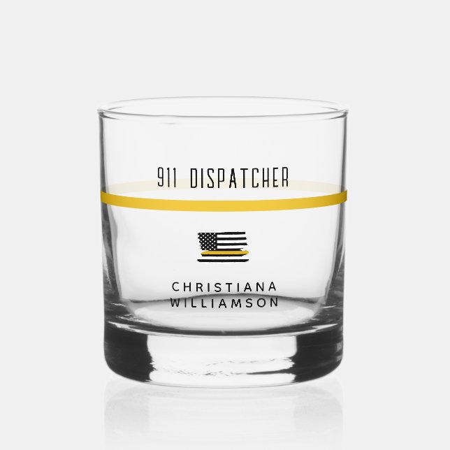 Personalized Thin Gold Line Flag 911 Dispatcher  Whiskey Glass (Front)