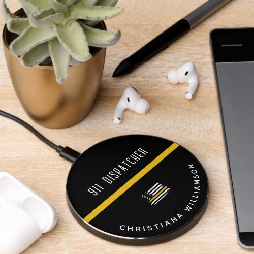 Personalized Thin Gold Line Flag 911 Dispatcher  Wireless Charger