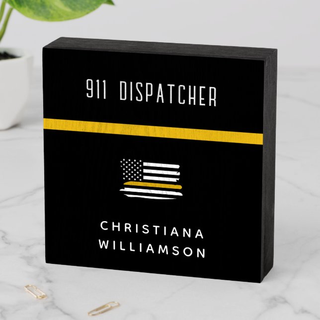 Personalized Thin Gold Line Flag 911 Dispatcher  Wooden Box Sign (In Situ Horizontal)