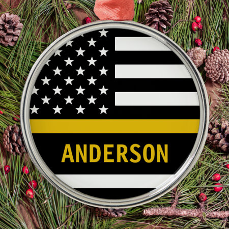 Personalized Thin Gold Line Flag Us 911 Dispatcher Metal Ornament