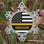 Personalized Thin Gold Line Flag US 911 Dispatcher Snowflake Pewter Christmas Ornament<br><div class="desc">Thin Gold Line Ornament for 911 dispatchers and police dispatchers. Personalize this dispatcher ornament with name and year. This personalized dispatcher gift is perfect for police dispatcher appreciation, 911 dispatcher thank you gifts, and dispatcher retirement gifts or party favors. Order these dispatchers christmas ornaments bulk wholesale for the police department...</div>