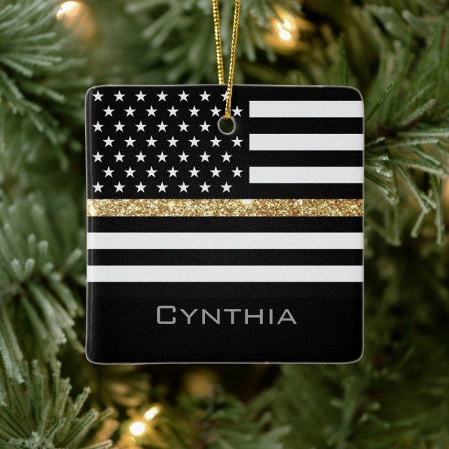 Personalized Thin Gold Line Glitter Flag Ceramic Ornament (Tree)