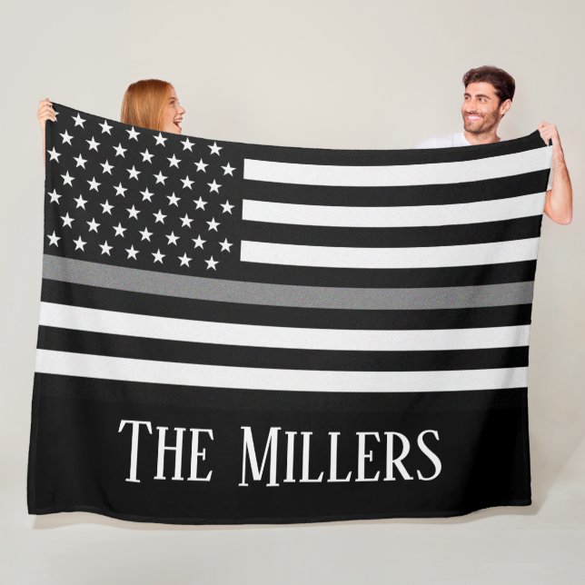 Personalized Thin Gray Line Flag Fleece Blanket (In Situ)
