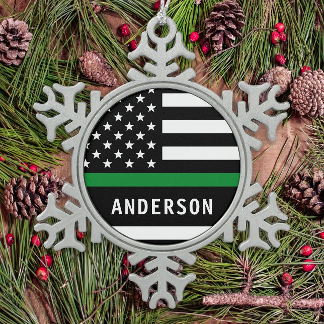 Personalized Thin Green Line A Military Christmas Snowflake Pewter Christmas Ornament (Creator Uploaded)