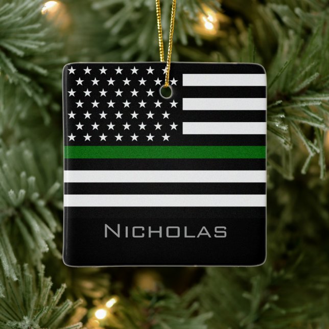 Personalized Thin Green Line Flag Ceramic Ornament (Tree)