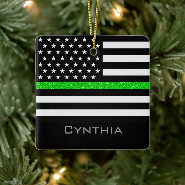 Personalized Thin Green Line Glitter Flag Ceramic Ornament (Tree)