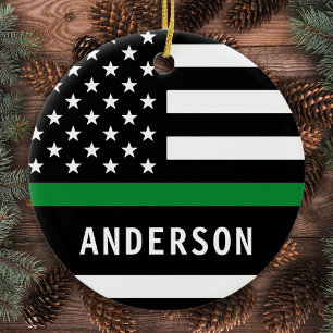Personalized Thin Green Line Military Christmas Ceramic Ornament