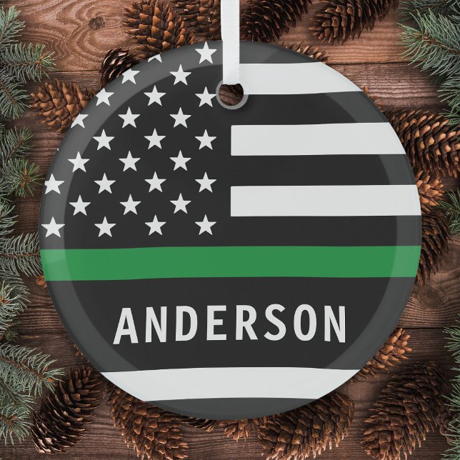 Personalized Thin Green Line Military Christmas Glass Ornament (Creator Uploaded)