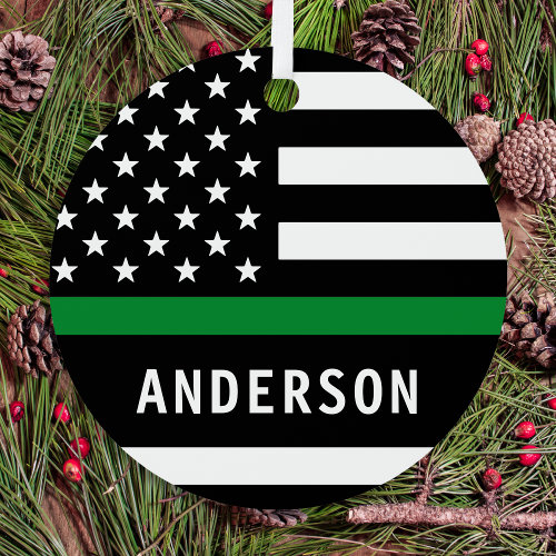 Personalized Thin Green Line Military Christmas Metal Ornament